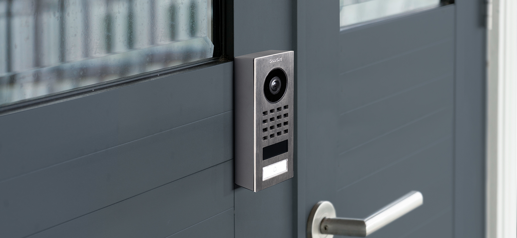 DoorBird technology starts with a D1101V Surface Mount IP Video Door Station at the main entrance.